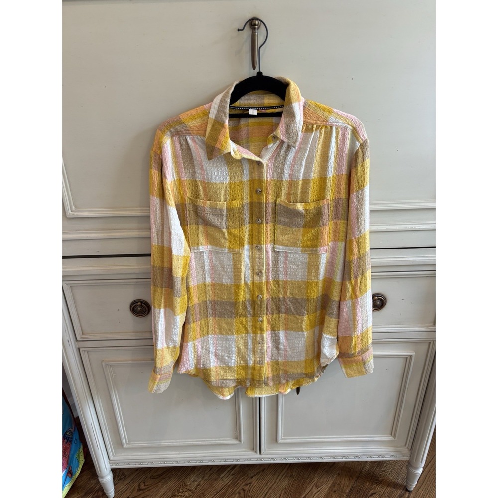 Pilcro Anthropologie‎ Yellow Pink Plaid Flannel Button Up Fall XS Soft Collared